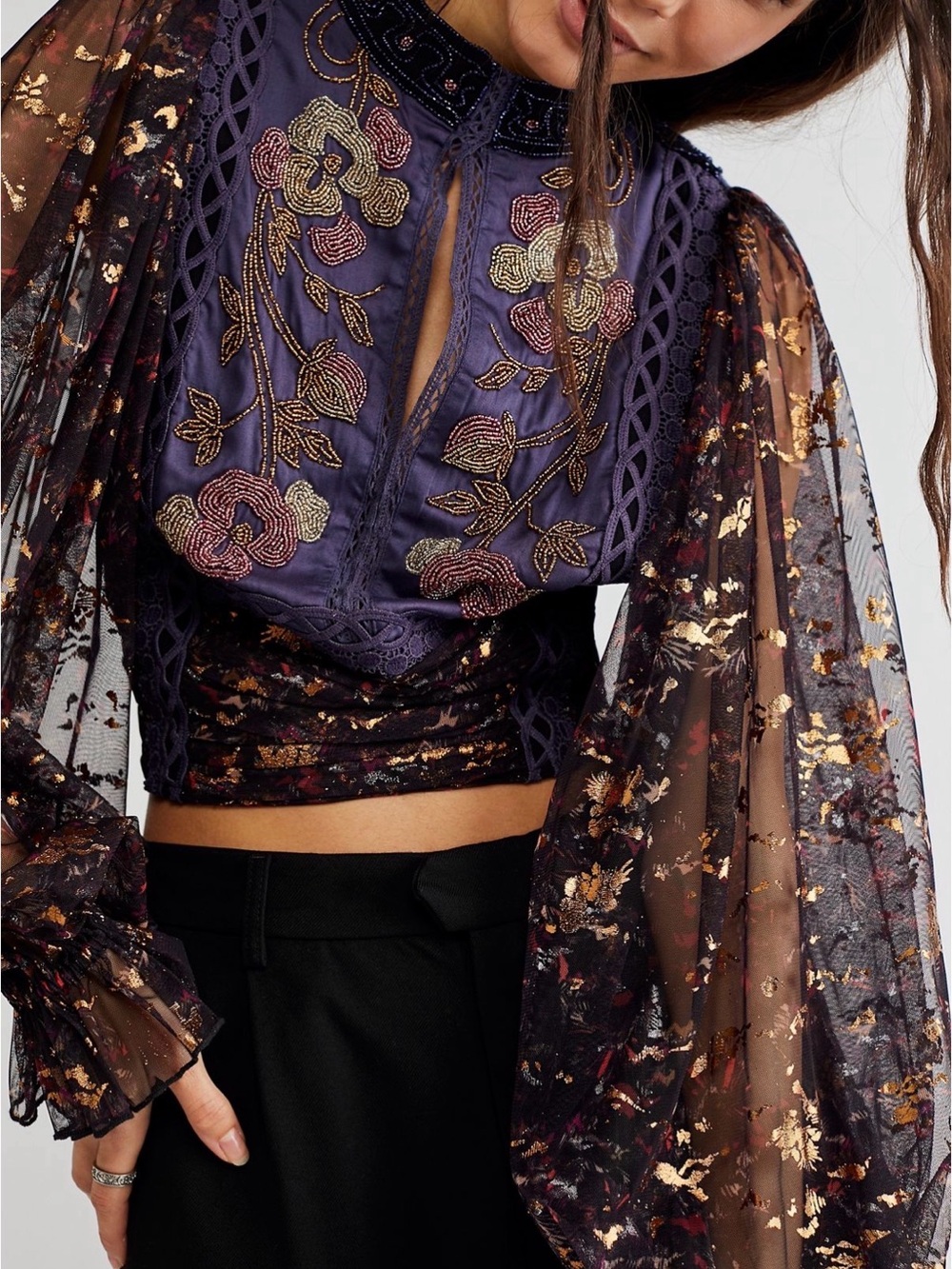Free People Camille Top | Embroidered, beaded, metallic mesh extravaganza sleeve - Picture 2 of 12
